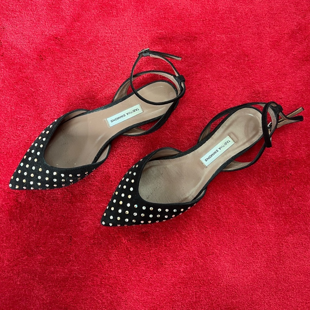 Tabitha Simmons Rhinestone Studded Pointed Flat Black Suede Shoes 35